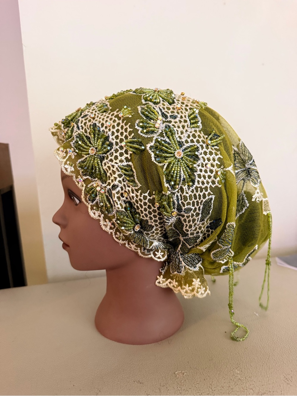 Embroidered Olive Green Lace Headscarf with Beaded Trim